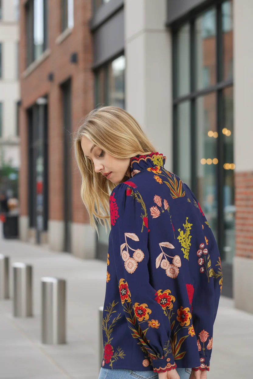 Umgee Flower Print Blouse with Scalloped Neckline