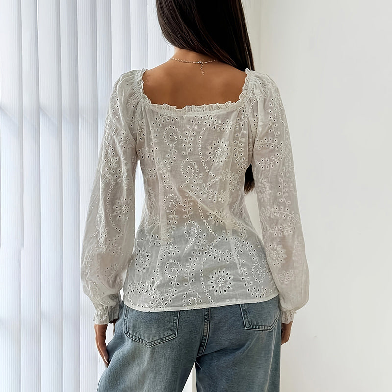 White Square Neck Eyelet Lace Blouse with Puff Sleeves - Image 4