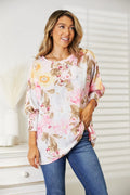 Floral Round Neck Three-Quarter Sleeve Top | Polyester Blouse