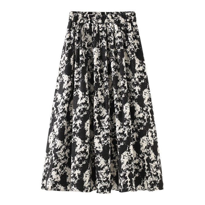 Black and white tie-dye A-line skirt in a casual, bohemian style