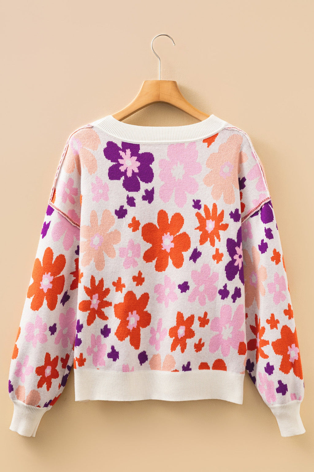 Floral Ribbed Trim Drop Shoulder Sweater