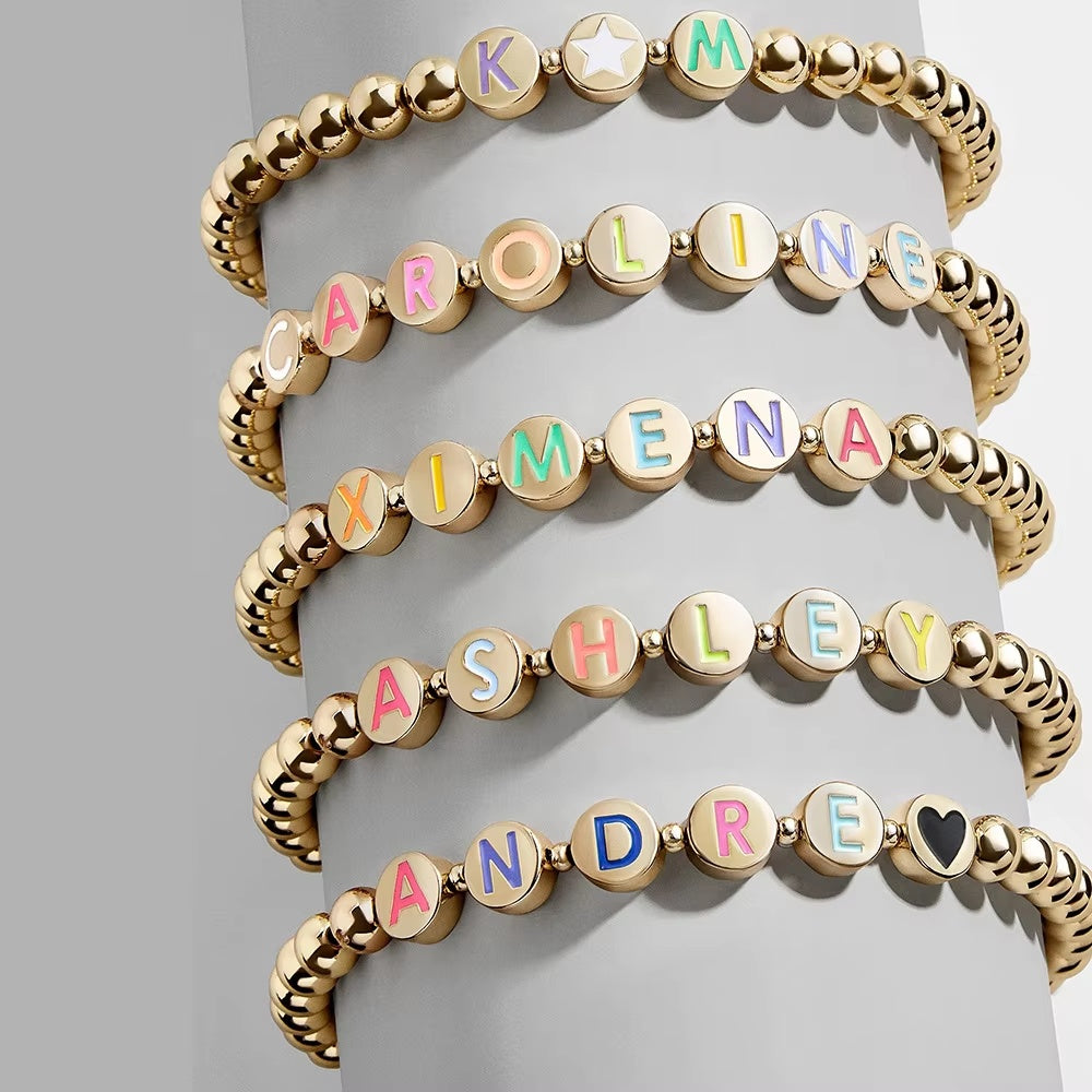 Gold-Plated Minimalist Beaded Bracelet with Personalized Letter Charm