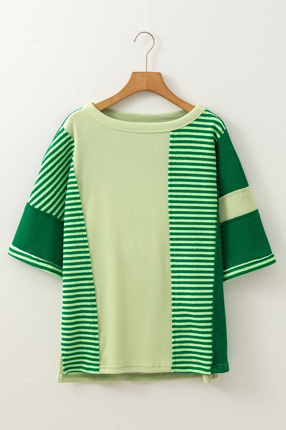 Mint Green Striped Patchwork 3/4 Sleeve Knit Top