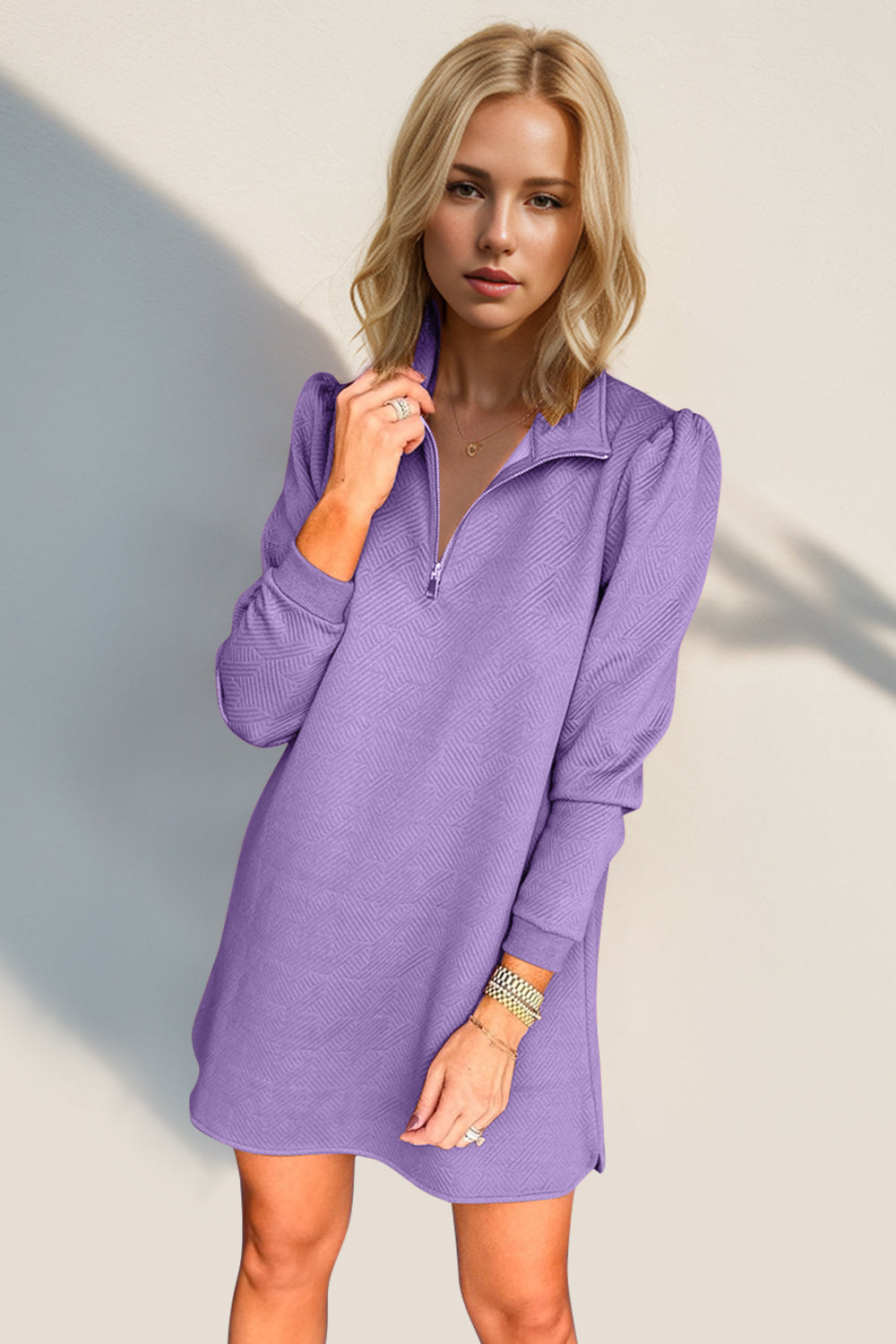 Textured Zip-Front Long Sleeve Dress - Elegant Women's Apparel