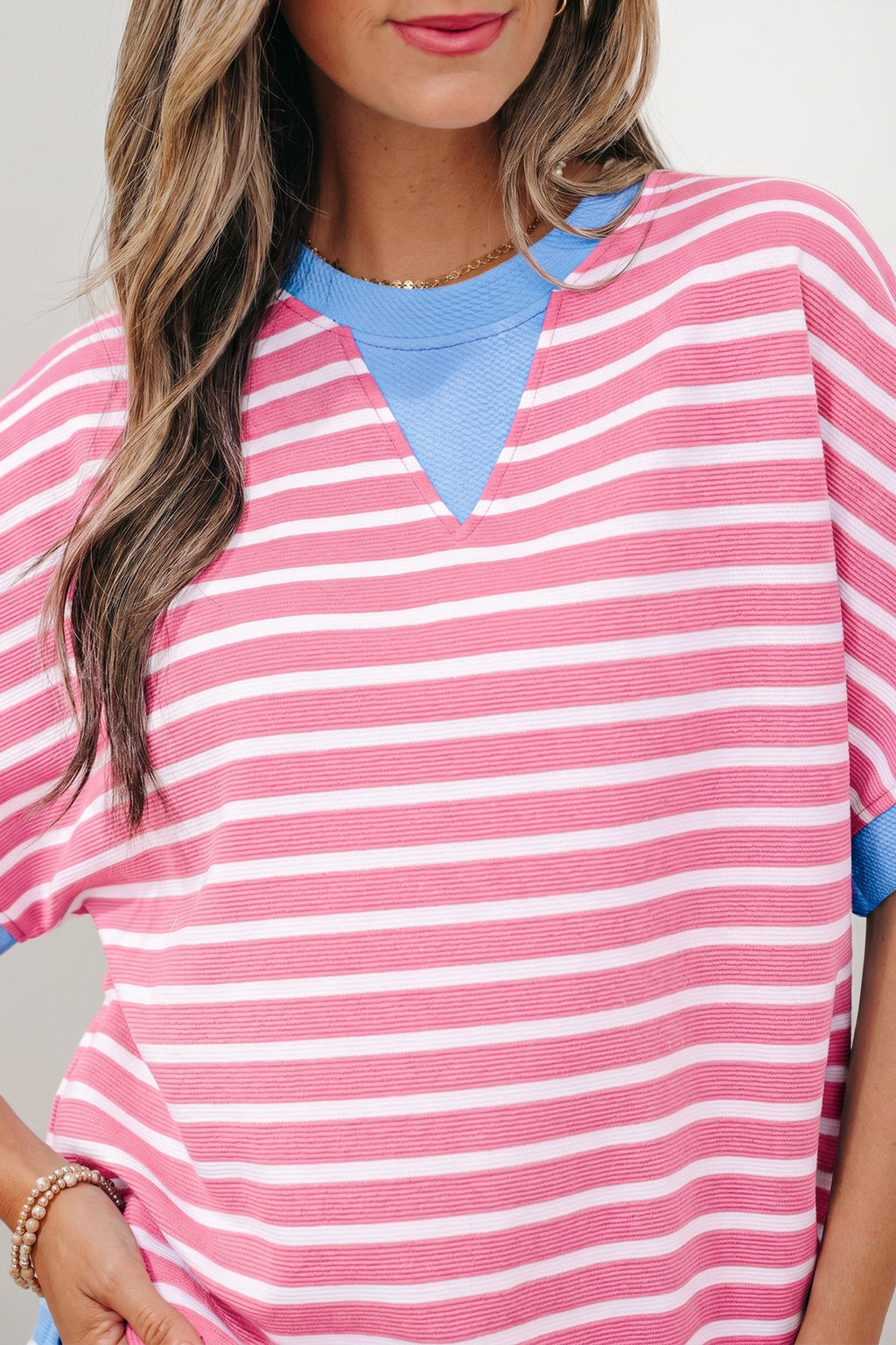 Kelly Striped Short Sleeve Knit Top with Color Block