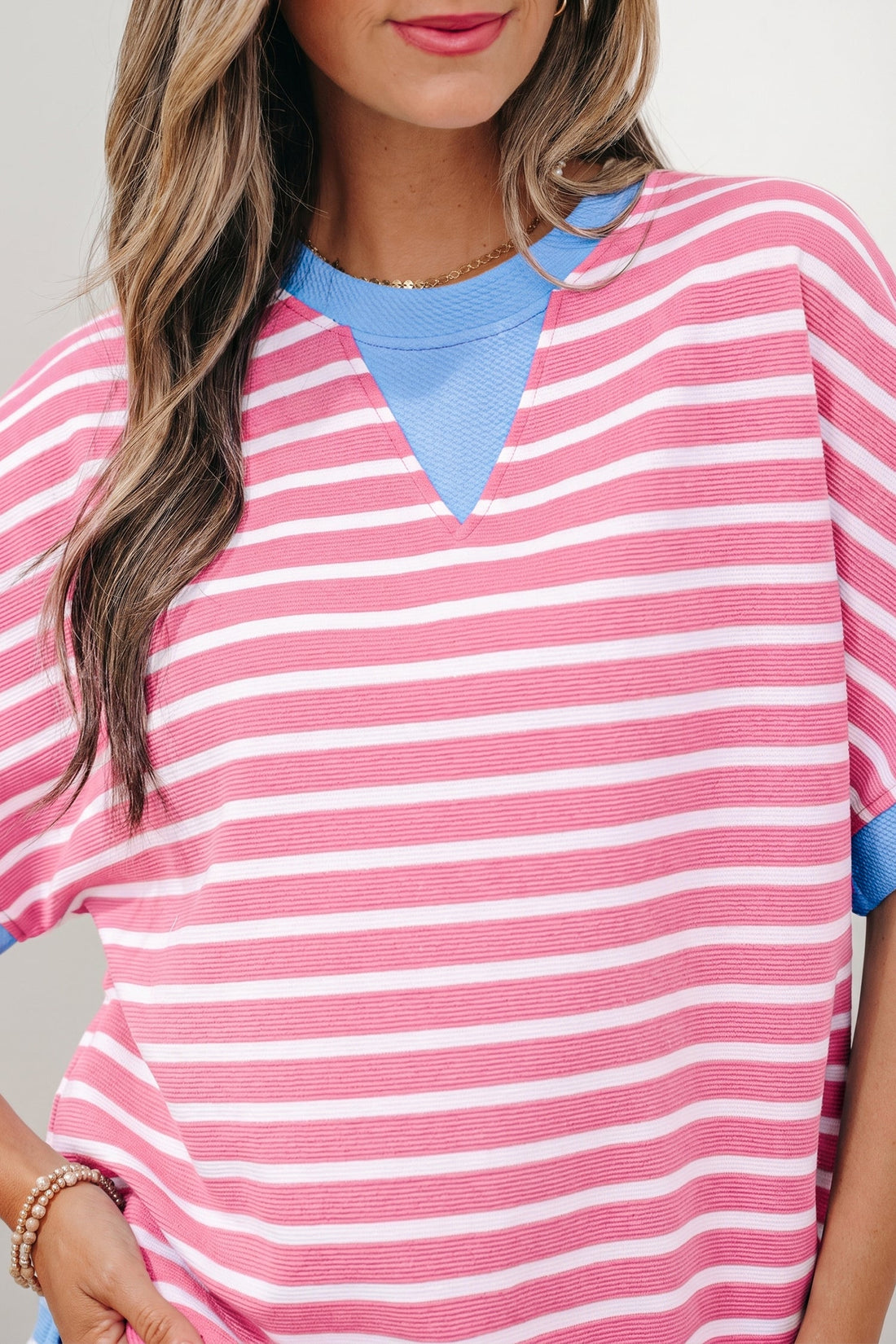 Kelly Striped Short Sleeve Knit Top with Color Block