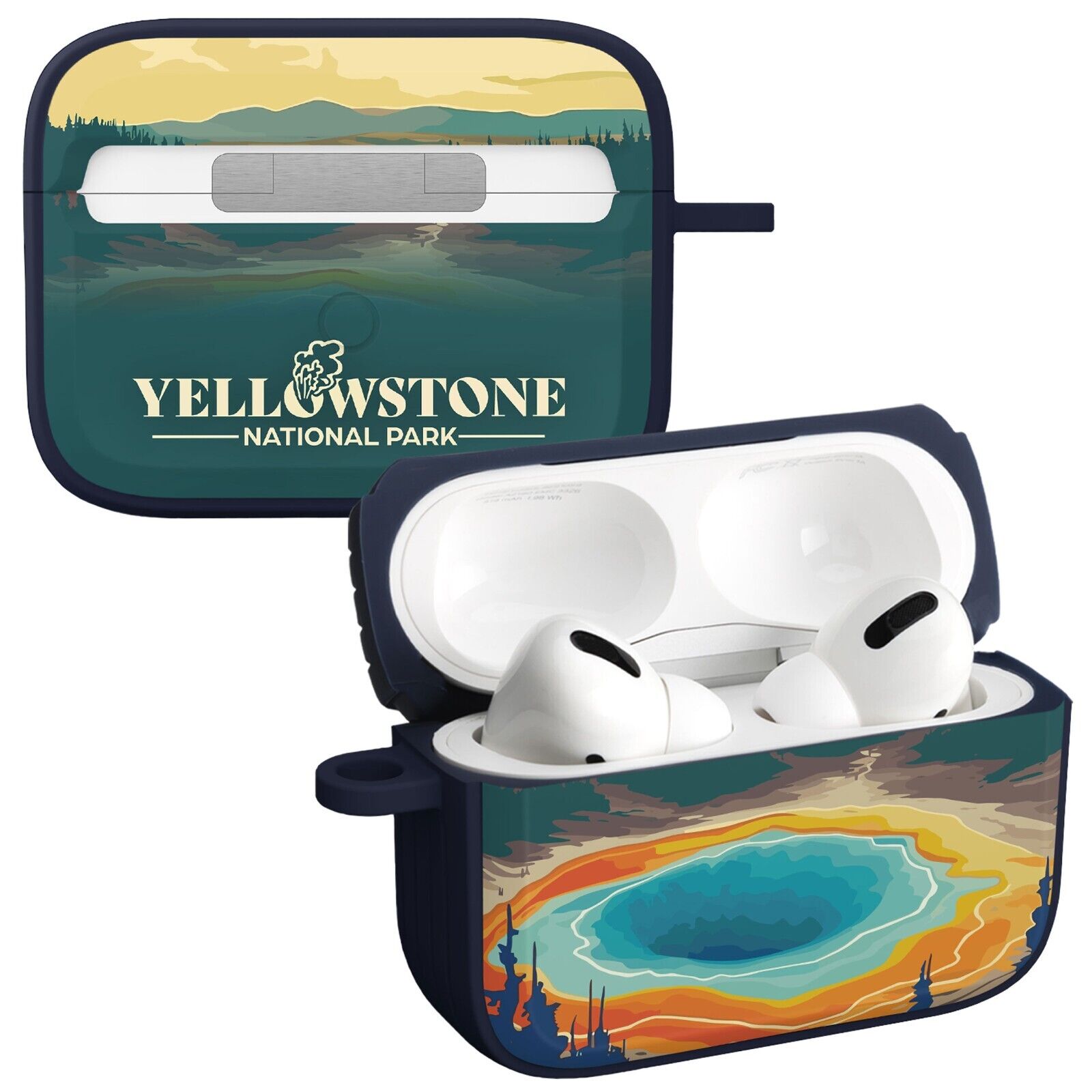 Yellowstone National Park design AirPods Pro case clipped to a backpack