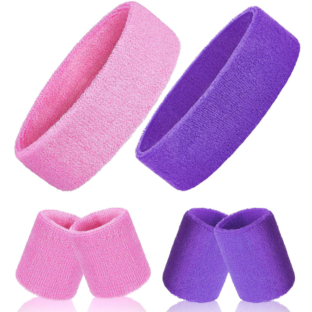 6 Pcs 2 Color Sweatband Set Sports Headband Wristband Set Head Sweat Bands for Men Women Sports Gym Exercise (PinkPurple)