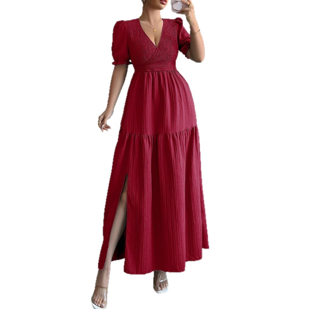 Deep V-Neck High Waist A-Line Dress