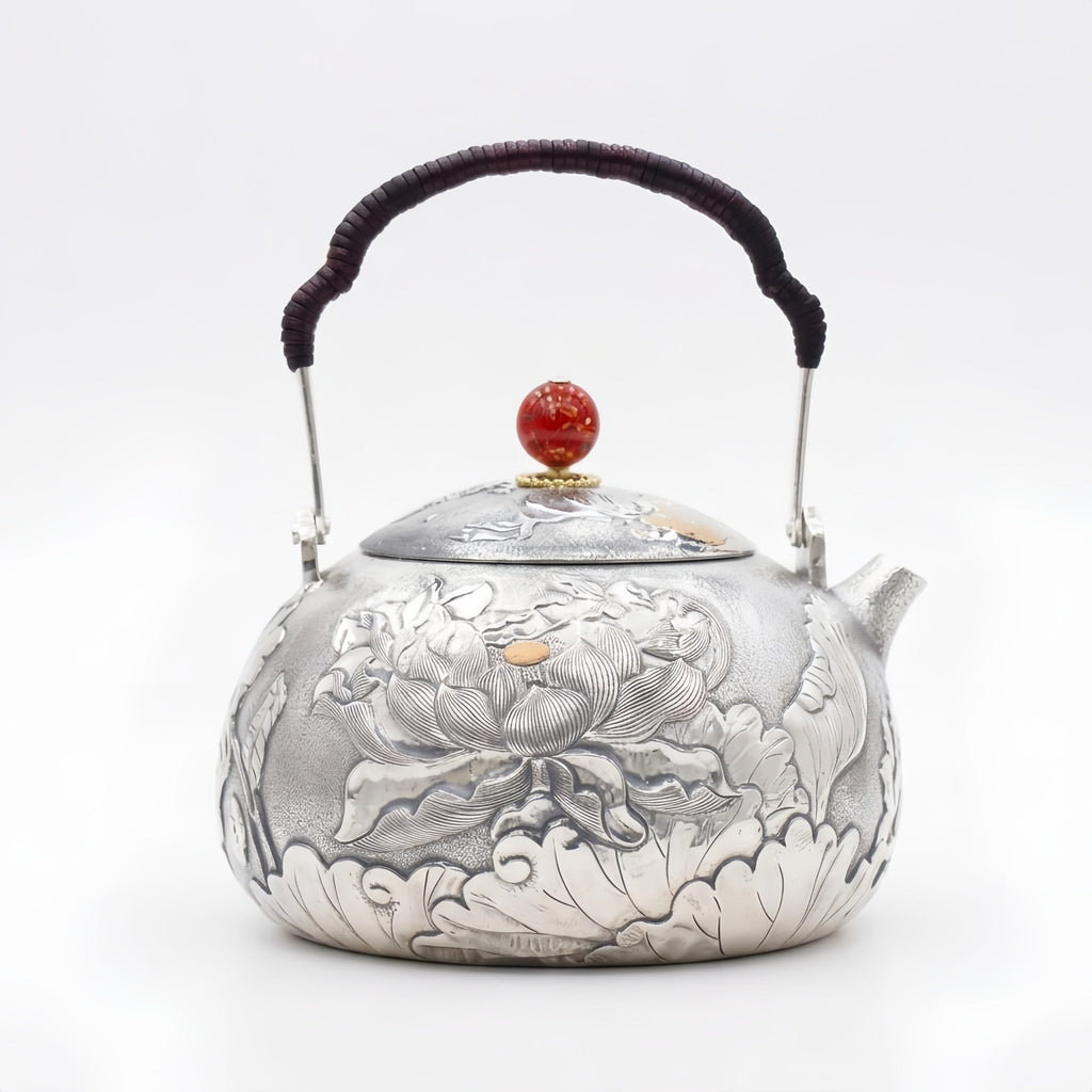 Pure 999 Fine Silver Exquisite Hand-Engraved Silver Teapot with Intricate Lotus Relief and Red Finial - Handicraft