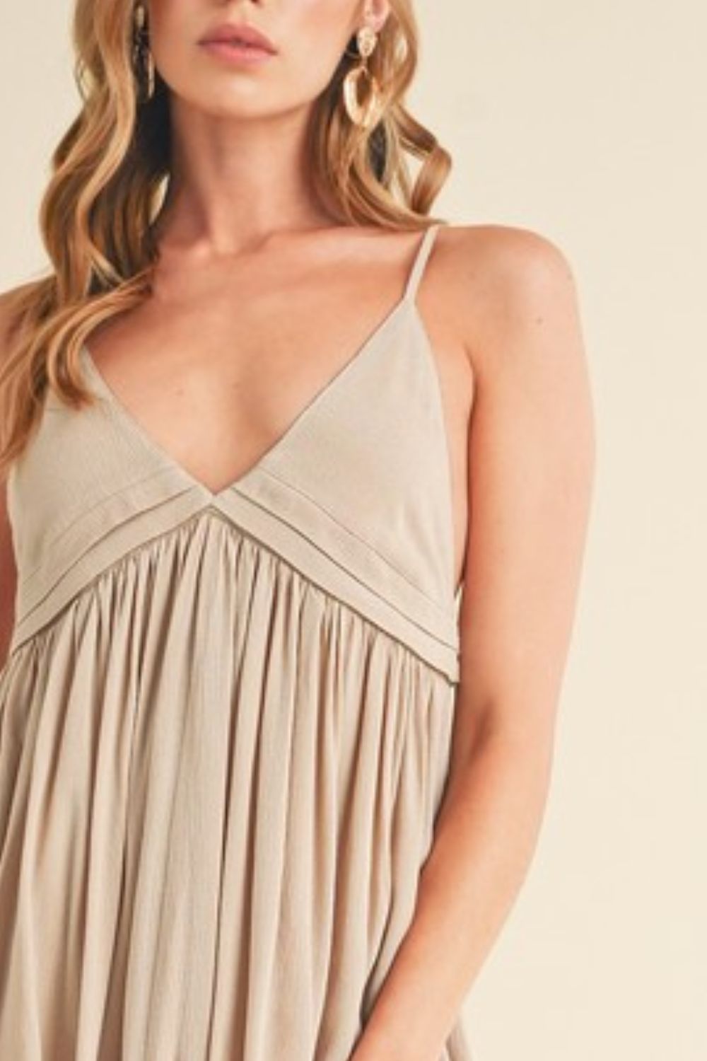 Ruched Plunge Mini Cami Dress in Beige and Tan
