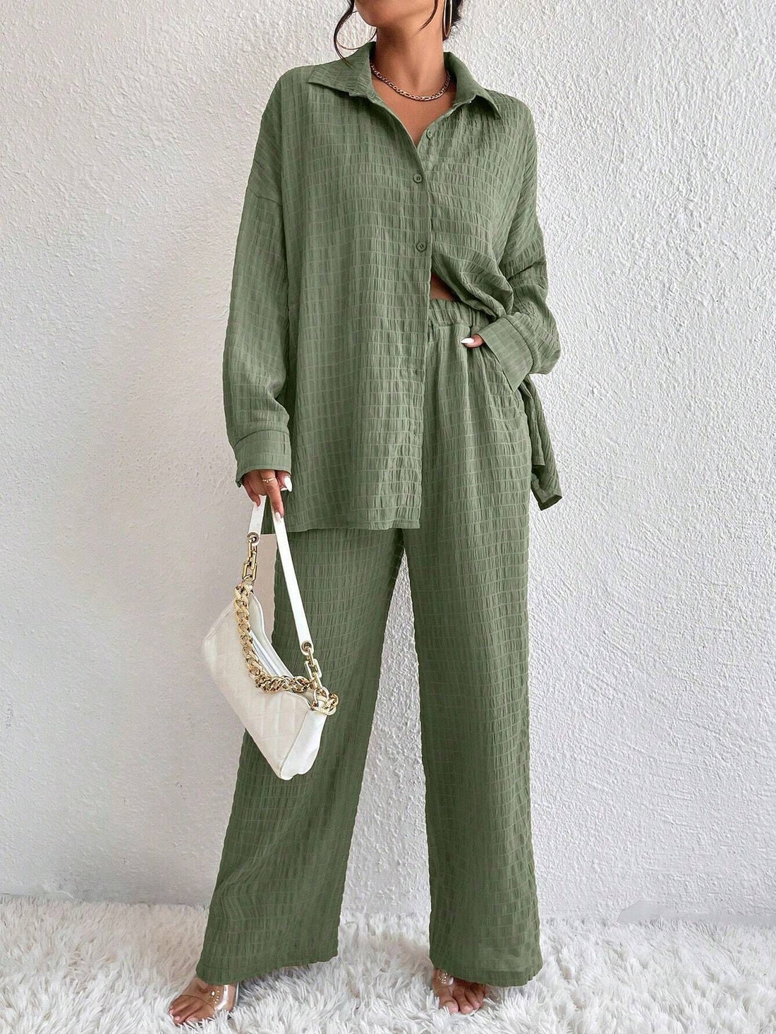 Women's Pleated Long Sleeve Lapel Two-Piece Set Loose Fit - Image 6