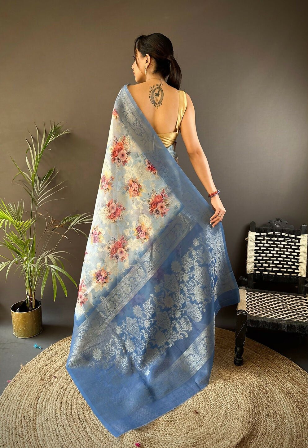 Joban Fashion Sky Blue Floral Motifs Banarasi Silk Sarees