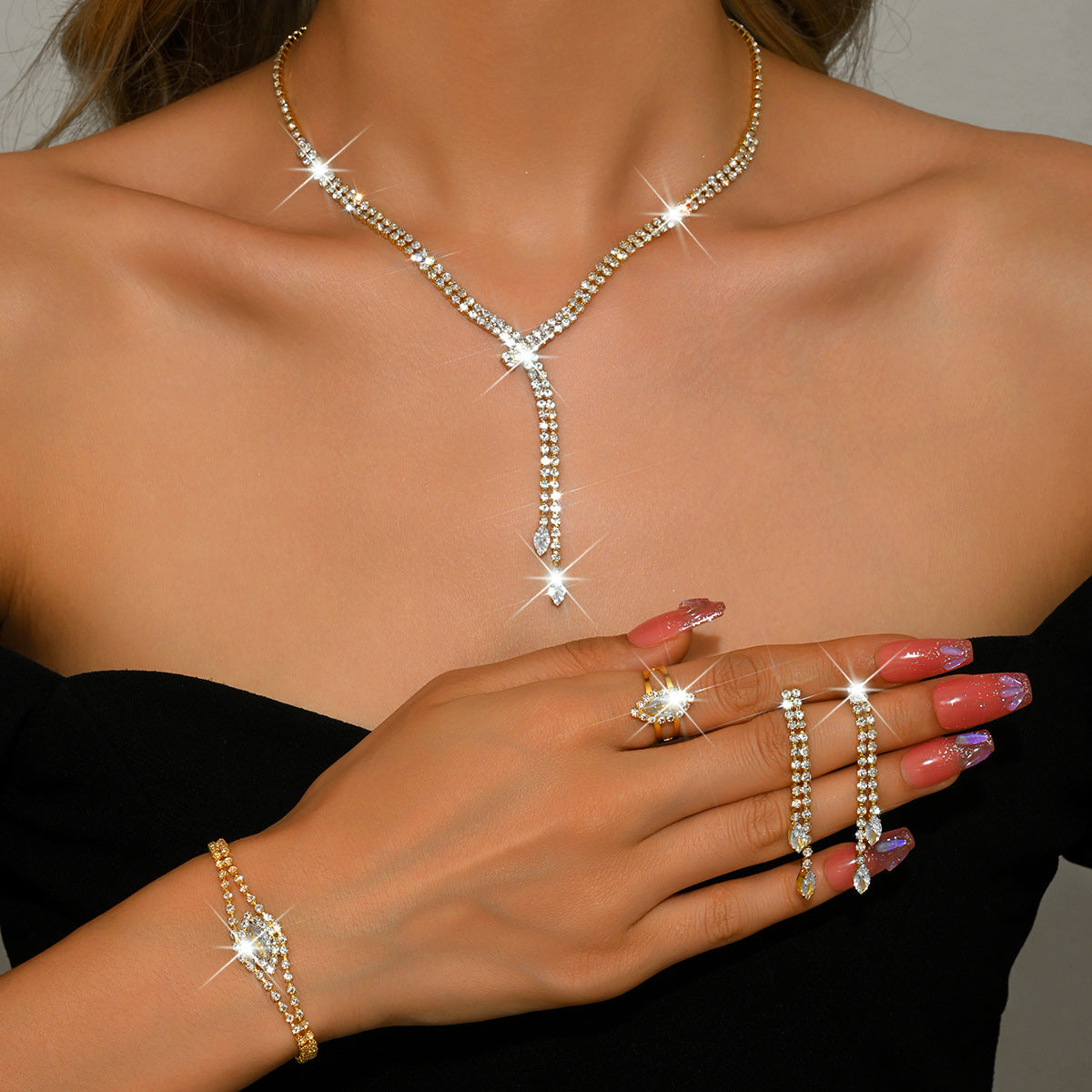 Cross-Border Environmentally Friendly Jewelry New Super Rhinestone Claw Chain Tassel Necklace Earrings Ring Bracelet Bridal Set Light Luxury