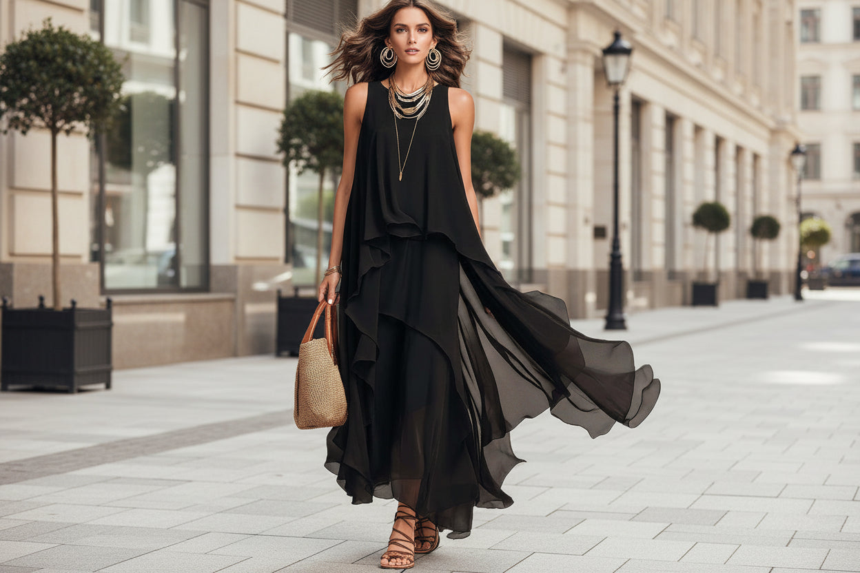 Black Asymmetrical Ruffle Chiffon Sleeveless Maxi Dress - Image 4