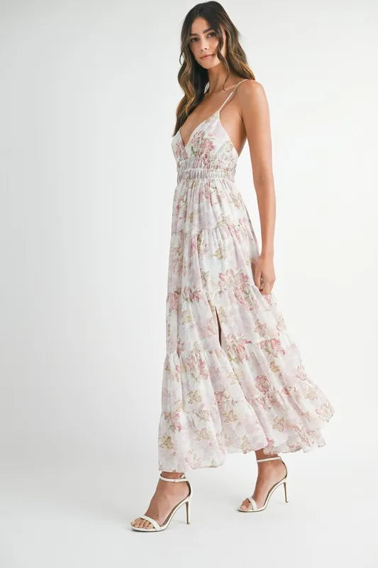 Floral Print Tiered Cami Maxi Summer Dress in White or Pink