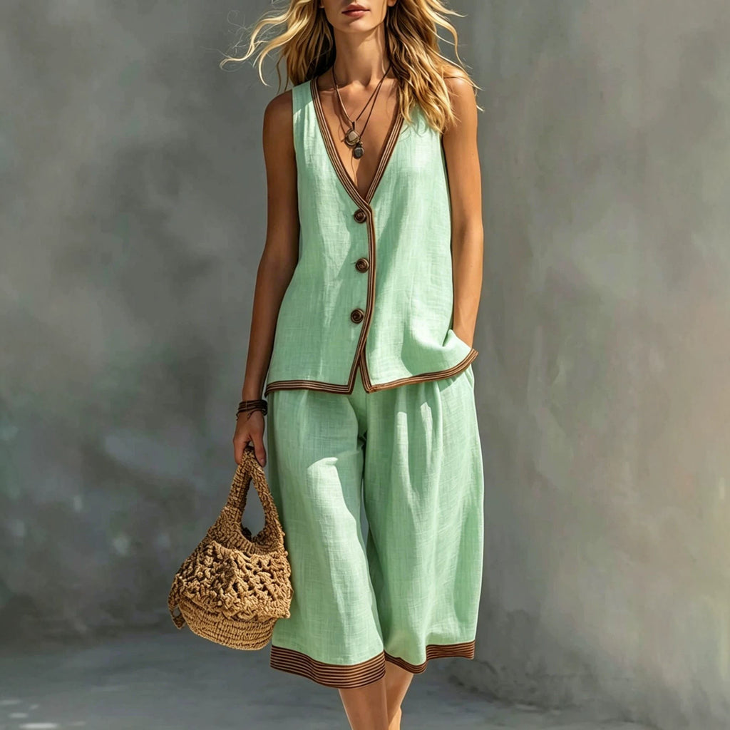 Women's Sleeveless Buttoned Vest and Shorts Two-Piece Linen Set
