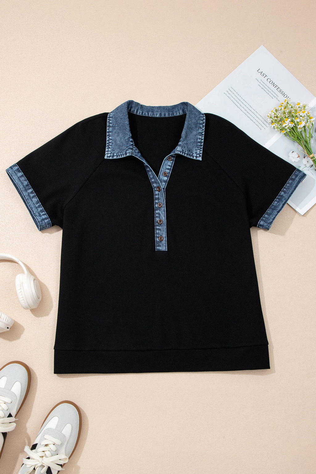 Denim Patchwork Waffle Knit Polo Tee