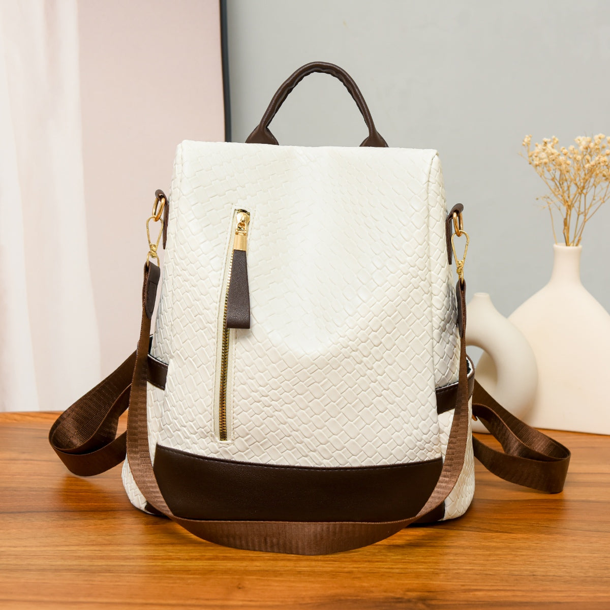 Woven Texture PU Leather Backpack Convertible Shoulder Bag