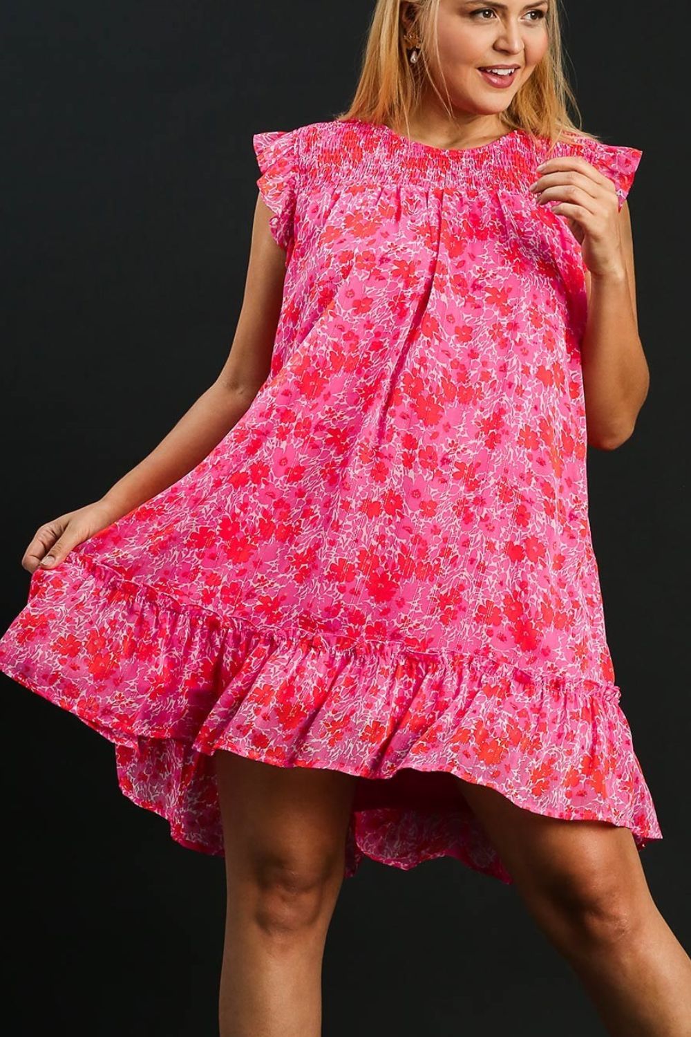 Pink Floral Smocked Detail Ruffle Cap Sleeve Dress