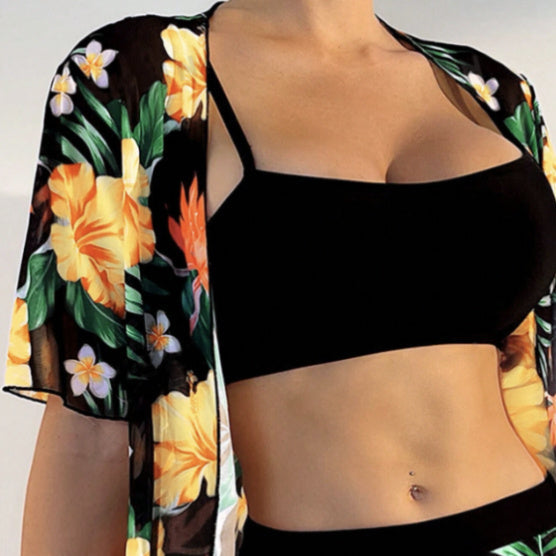 Women’s Floral Print Beach Set Kimono and Shorts Two-Piece Outfit