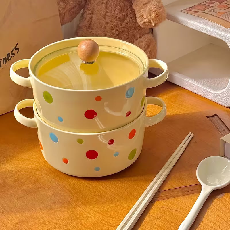 Colorful Polka Dot Ceramic Noodle Bowl with Lid