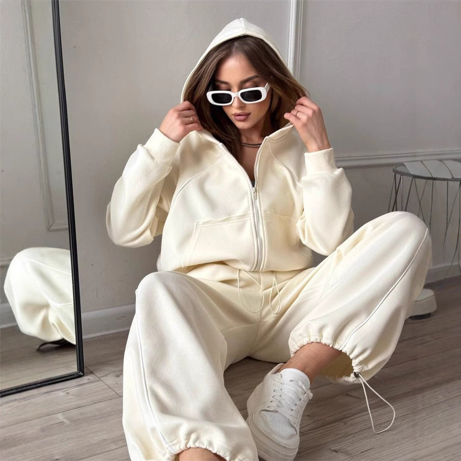 Women’s Solid Color Hooded Zip Up Jacket and Jogger Set - Image 3
