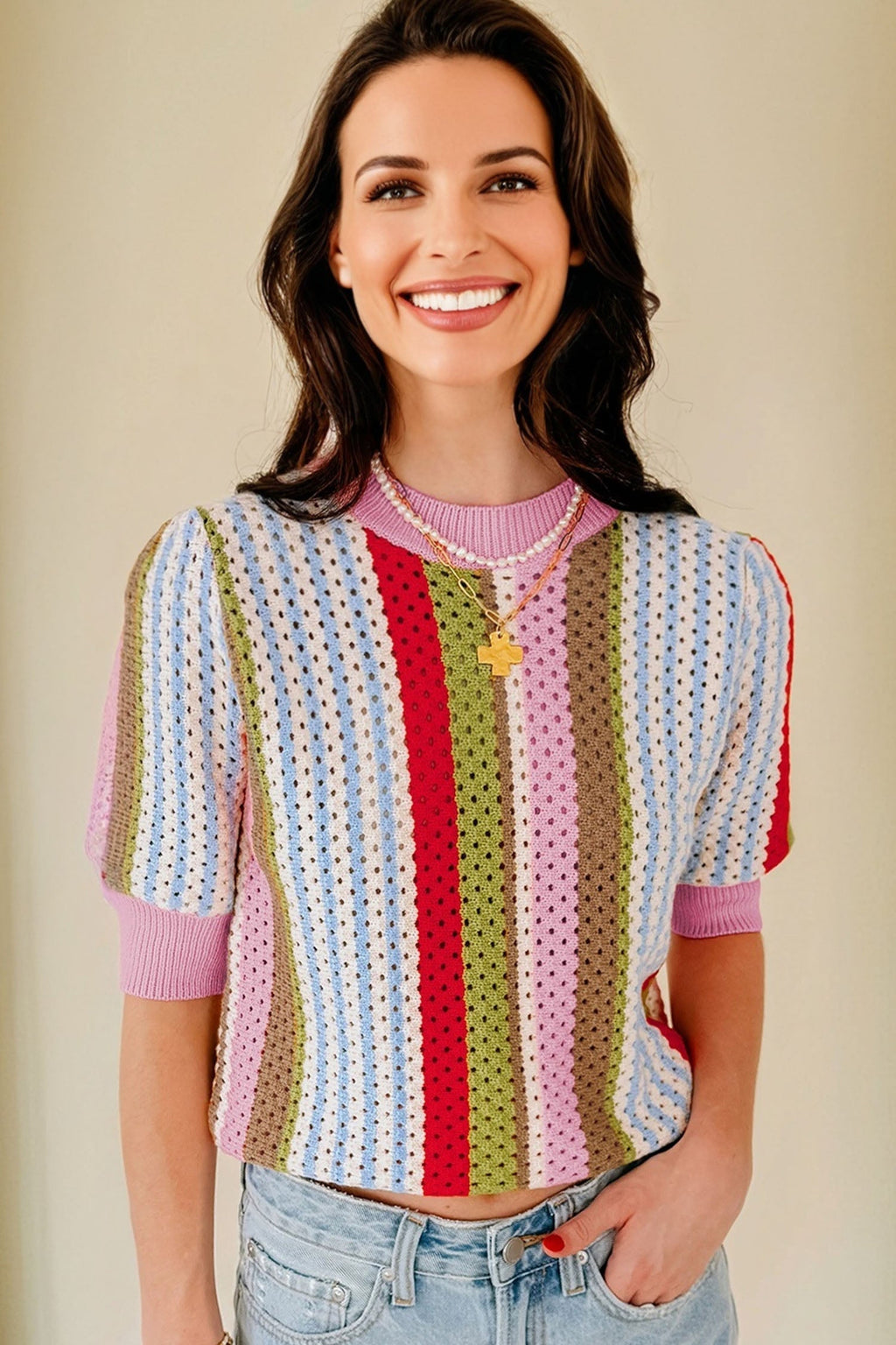 Stripe Pointelle Knit 3/4 Sleeve Sweater