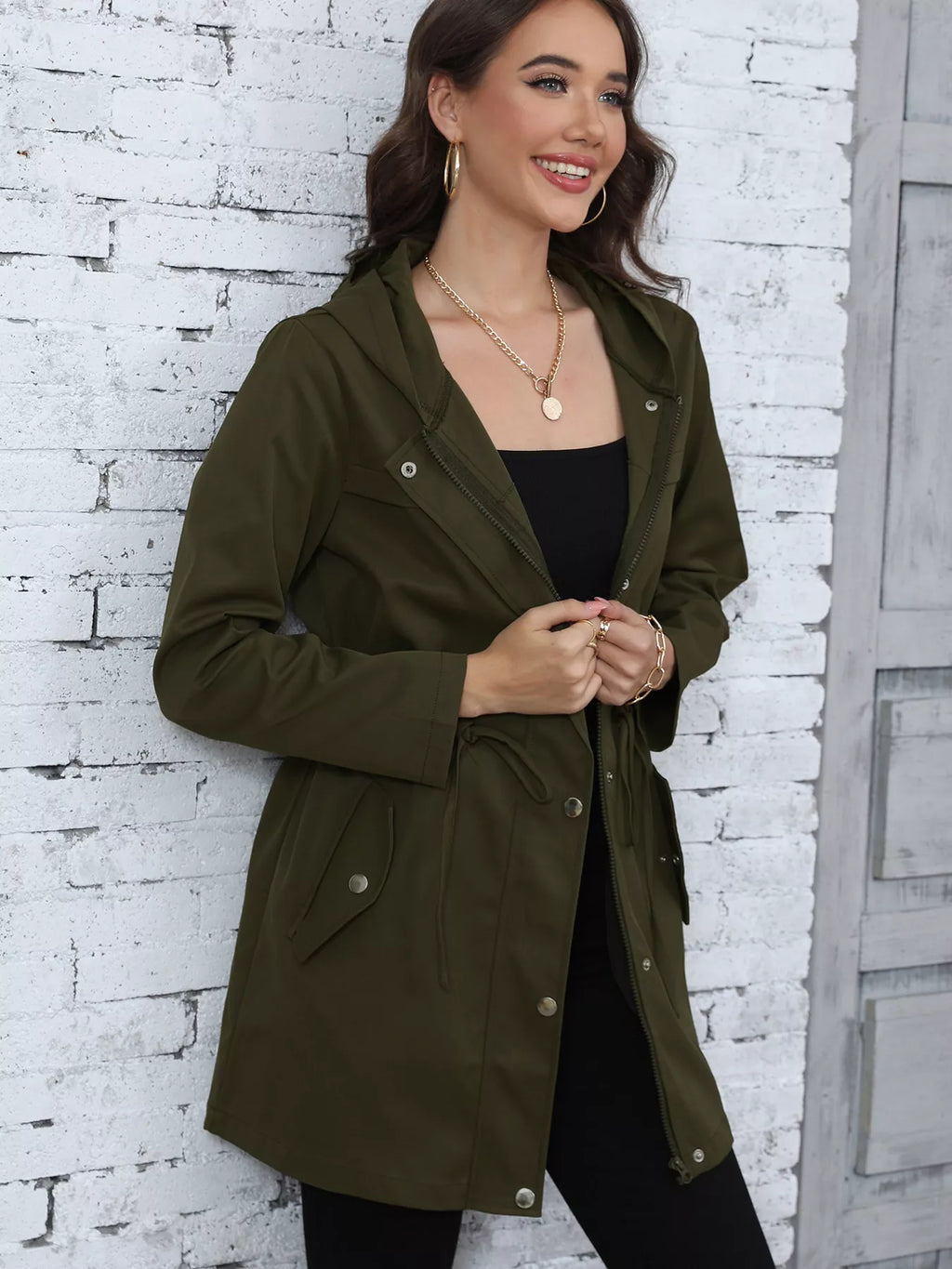 Hooded Drawstring Waist Casual Outerwear