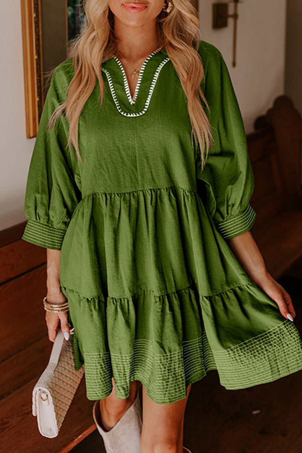 Jungle Green V Neck 3/4 Sleeve Swing Mini Dress