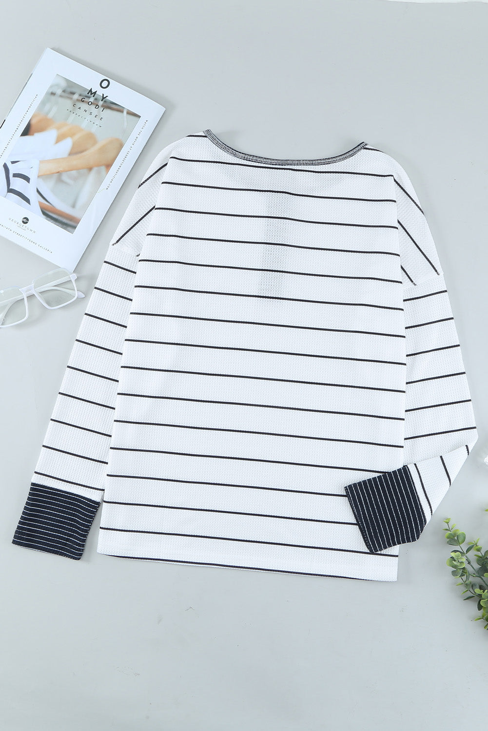 Stripe Waffle Knit Buttoned Henley Top