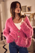Soft Touch Hairy Loose Fit Cozy Sweater Cardigan in Pink
