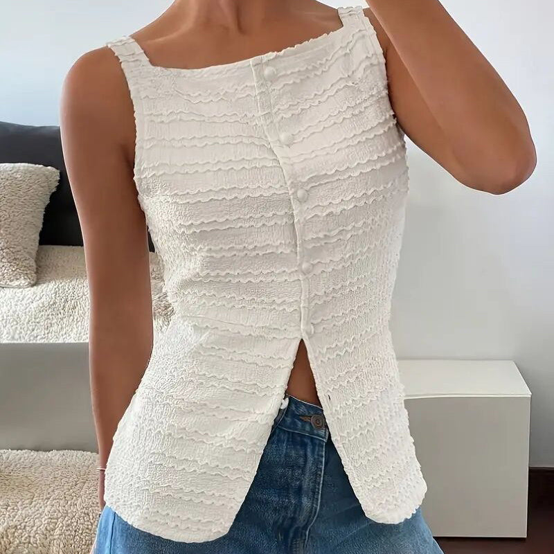 White Square Neck Button Up Vest Trendy Y2K Sleeveless Top - Image 4