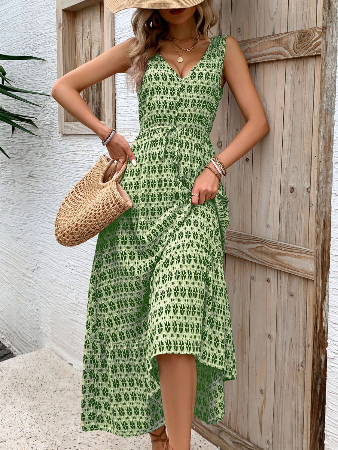 Vintage Printed V-Neck Midi Dress with Tie Waist