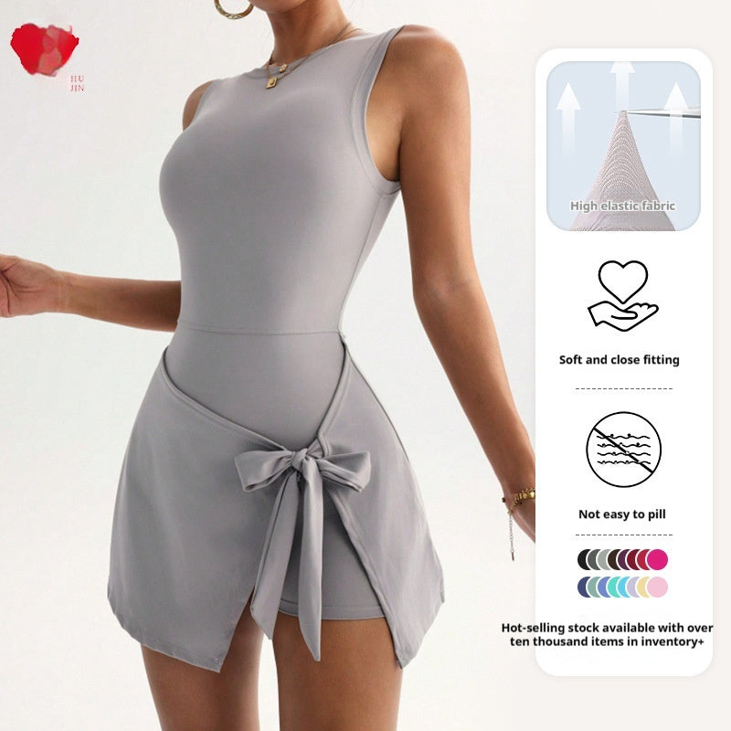Women's Sleeveless Yoga Dress with Open Back and Wrap Skirt - Image 3