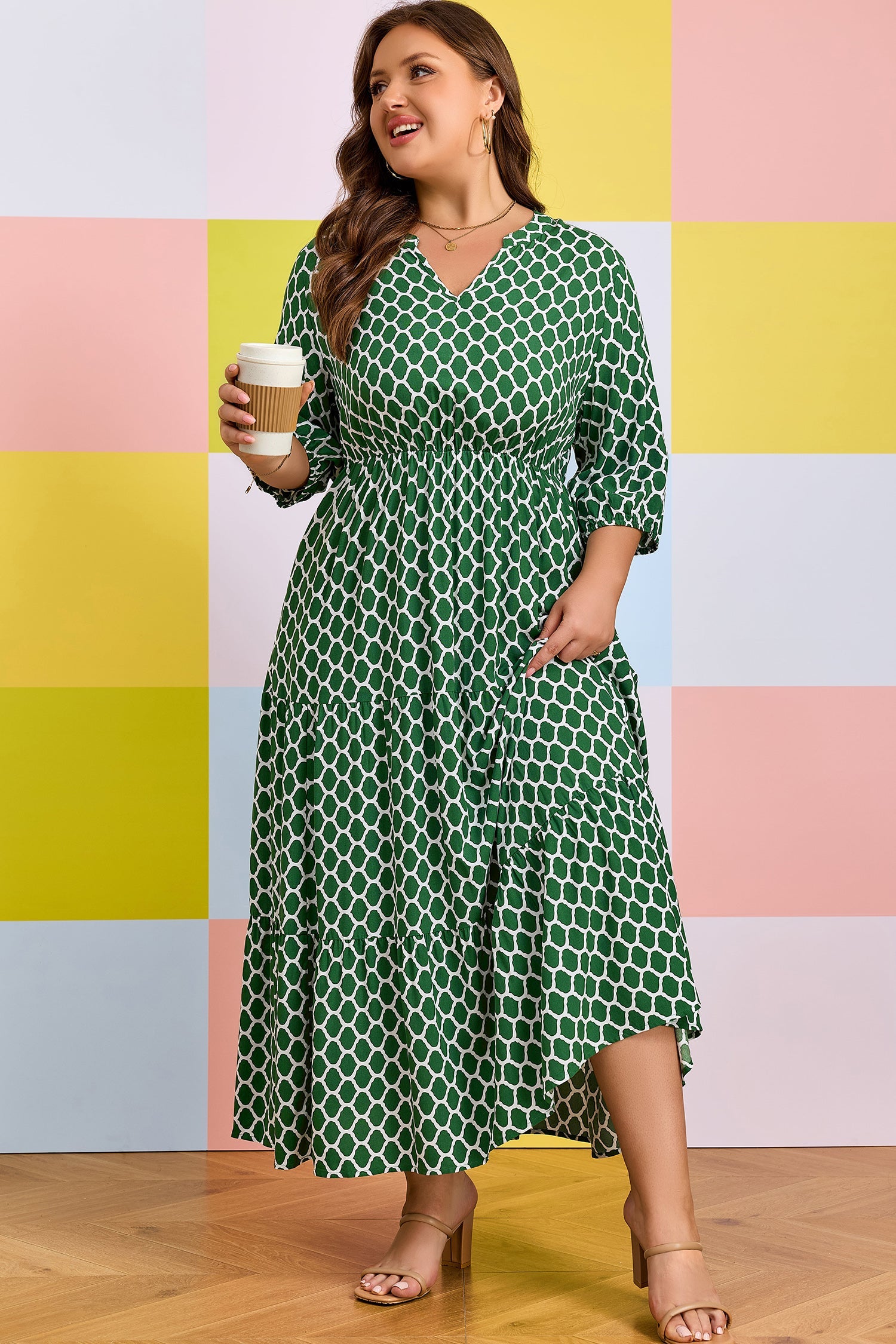 Johanna Ruffle Hem Geometric Print V-Neck Midi Dress