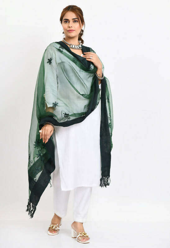 Bottle Green Organza All Over Chikan Work Floral Dupatta