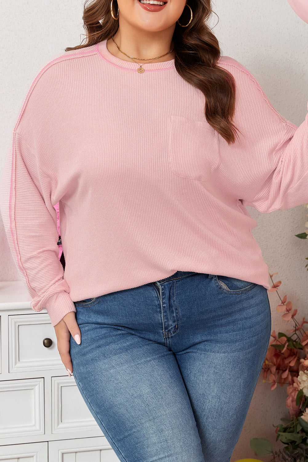 Plus Size Solid Ribbed Reverse Seam Chest Pocket Top