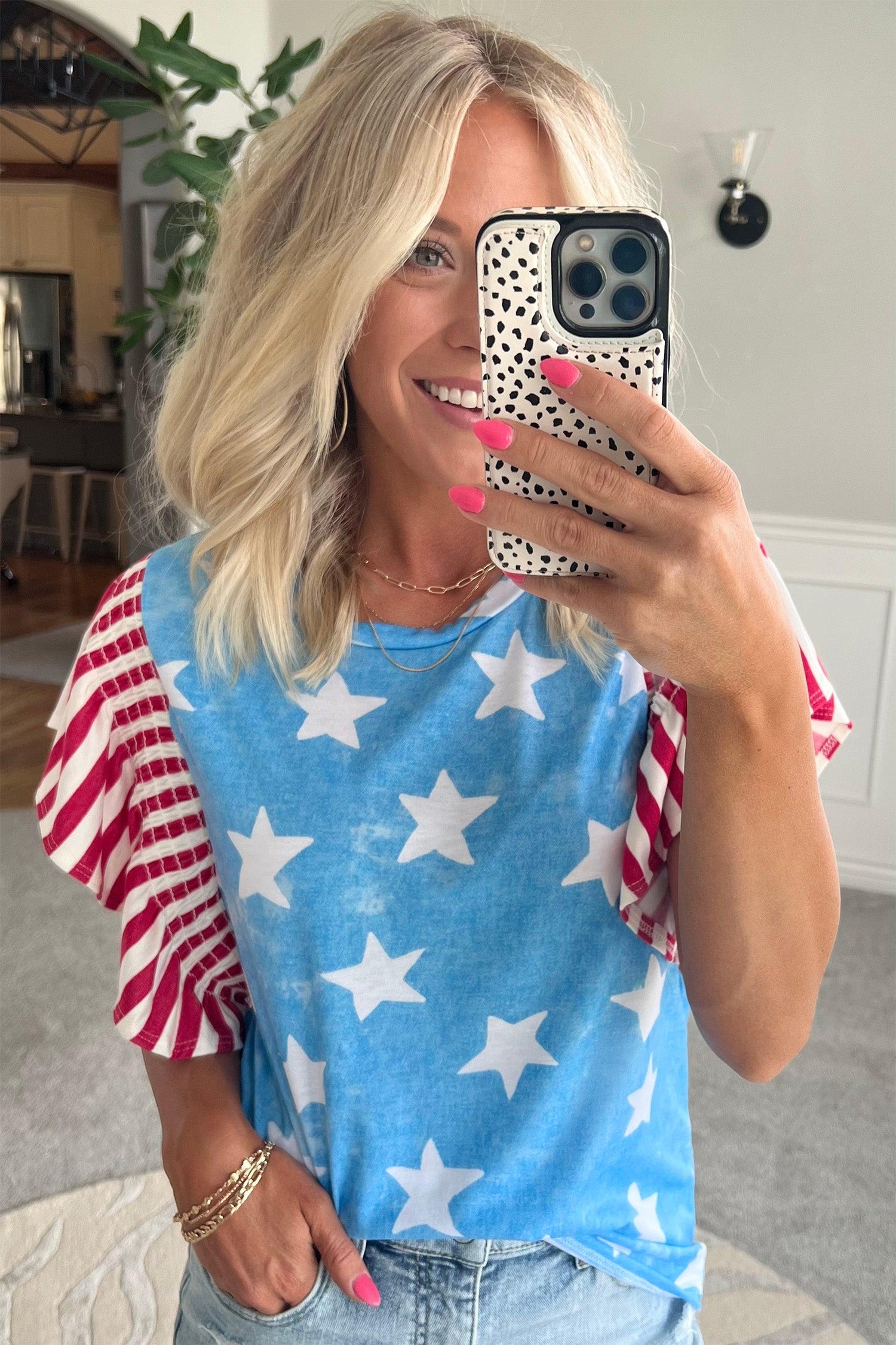 Sky Blue Star Print Striped Ruffle Sleeve Independence Day Top