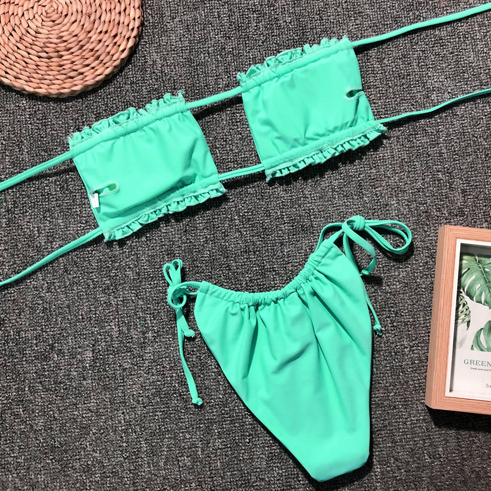 Yellow Ruched Bikini Set with Flirty Frill Trim and Tie Sides - Image 26