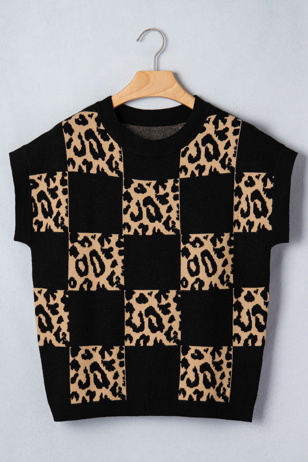 Leopard Checker Short Sleeve Knit Sweater