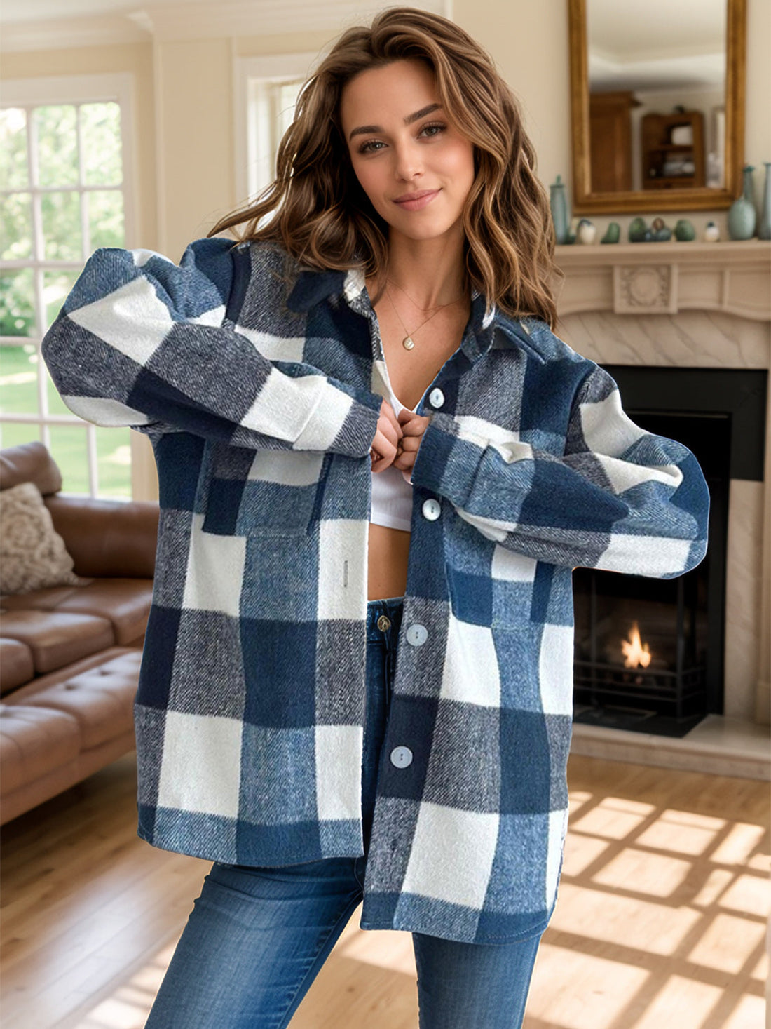 Women's Plaid Button Up Long Sleeve Shacket Shirt Jacket - Image 5