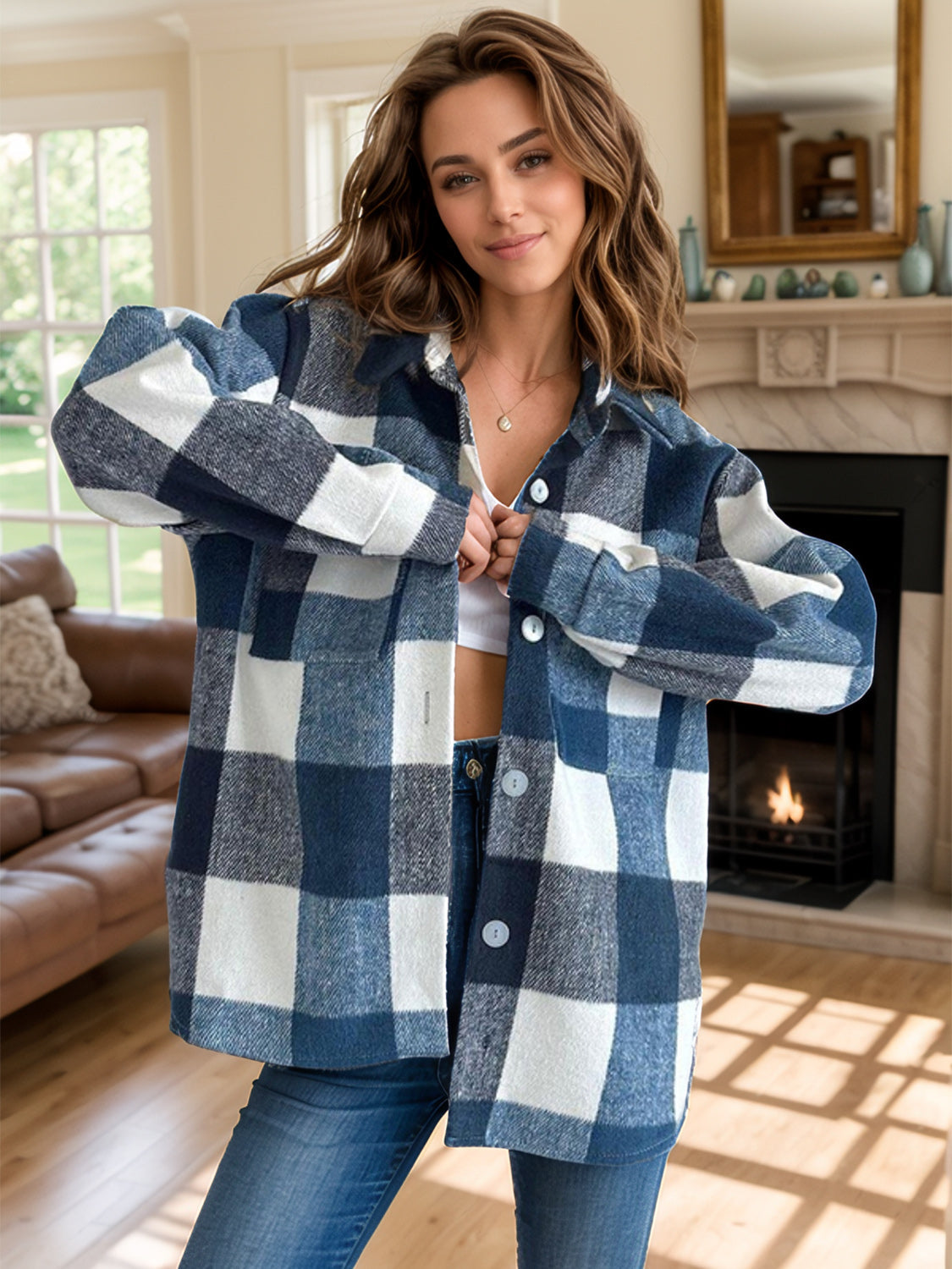 Women's Plaid Button Up Long Sleeve Shacket Shirt Jacket - Image 5