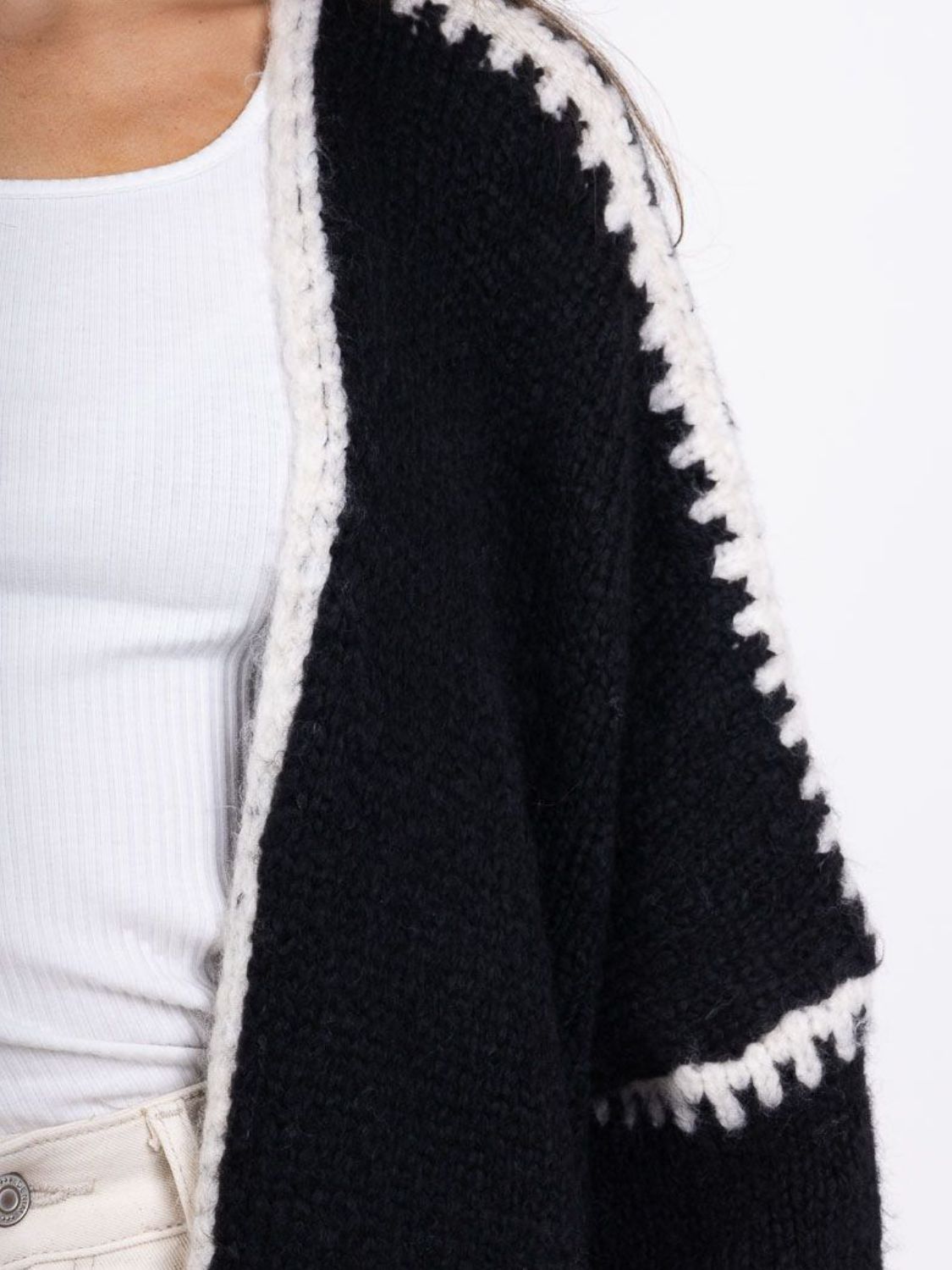 Back To School Sweater - Double Take Contrast Open Front Dropped Shoulder Cardigan