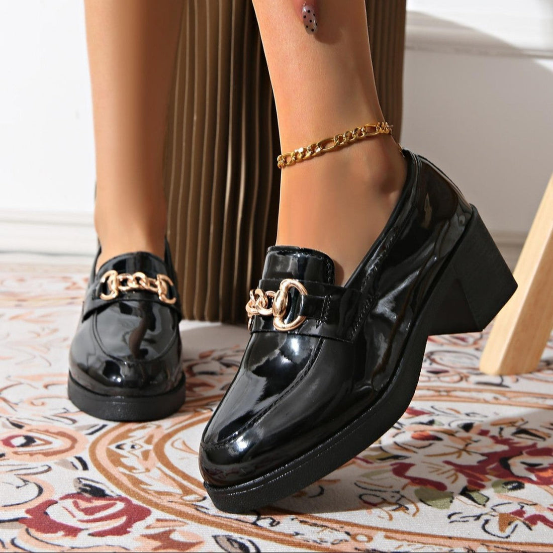 Women's Patent Bowtie Block Heel Pumps Casual Round Toe Shoes - Image 5