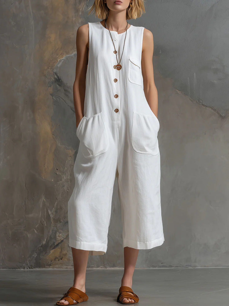 Women's Retro Sleeveless Button-Down Wide-Leg Cropped Jumpsuit - Image 9