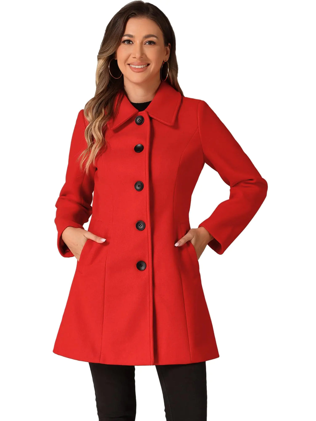 Allegra K Womens Single Breasted Coat Long Sleeve Tunic Warm Casual Coat with Pockets Winter Outfits X-Large Red