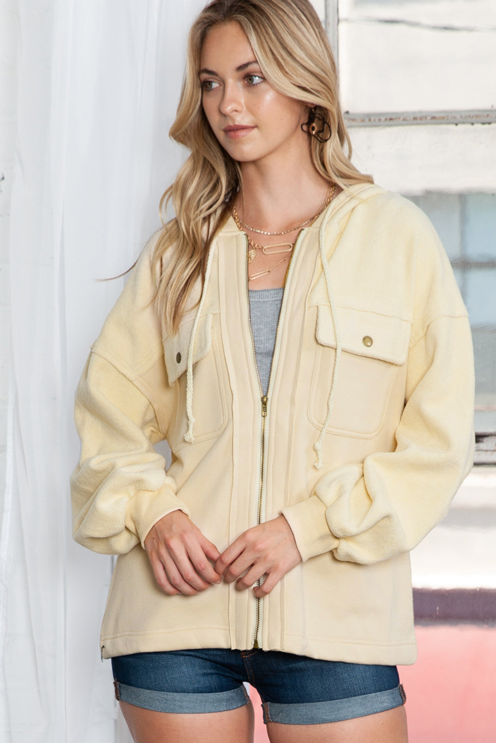 Green Bishop Sleeve Zip Up Hoodie Jacket with Flap Pockets