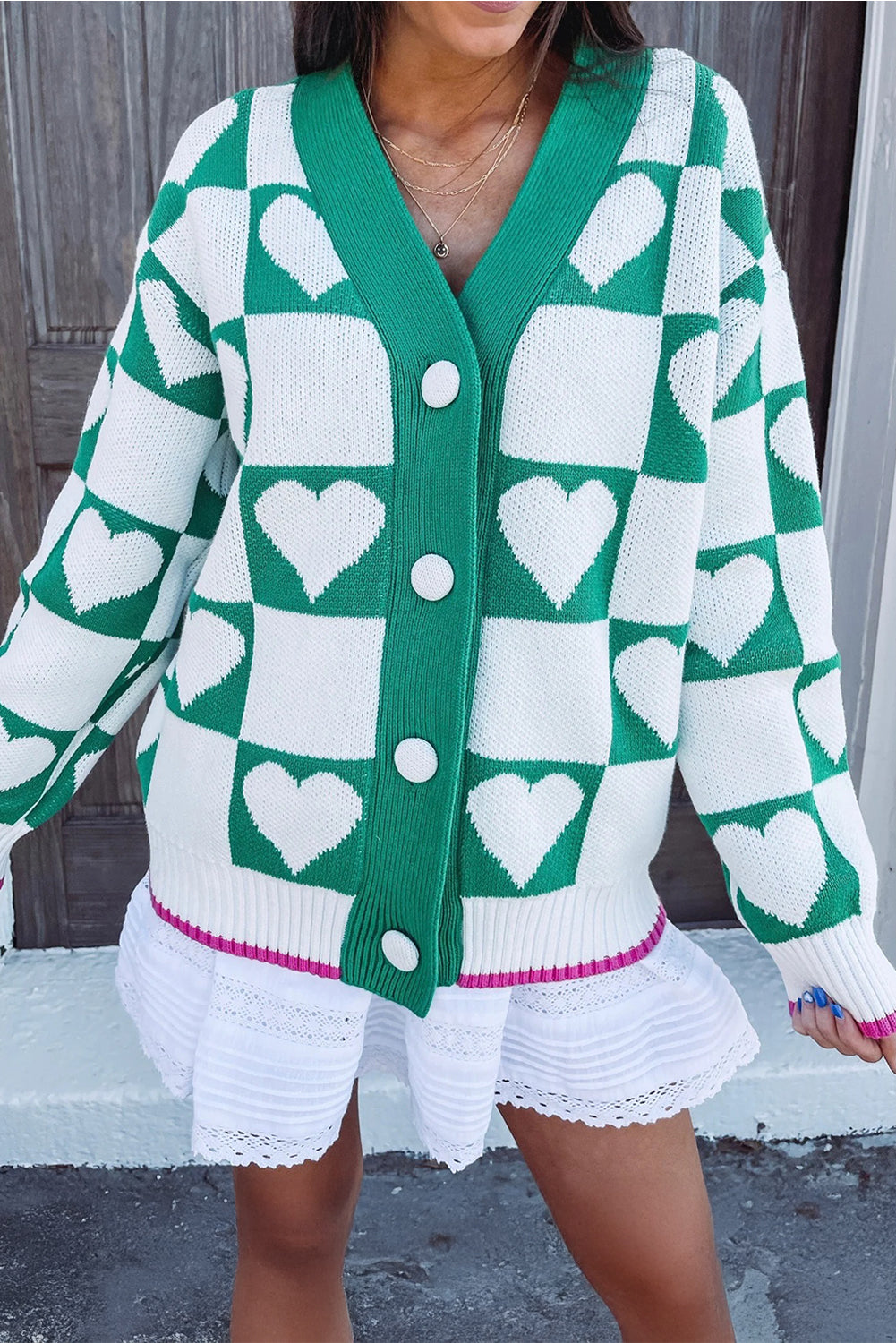Sea Green Plaid Heart Knit V-Neck Button Down Cardigan