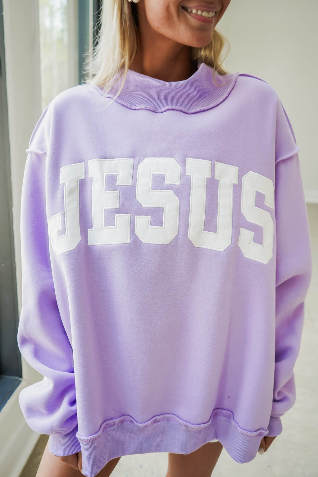 Orchid Bouquet JESUS Letter Print Exposed Seam Mock Neck Baggy Sweatshirt